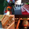 年末年始の日本の伝統行事（歳の市、除夜の鐘、しめ縄、雷門の写真）