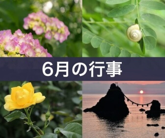 6月の行事（あじさい、カタツムリ、黄色いバラ、夏至祭）